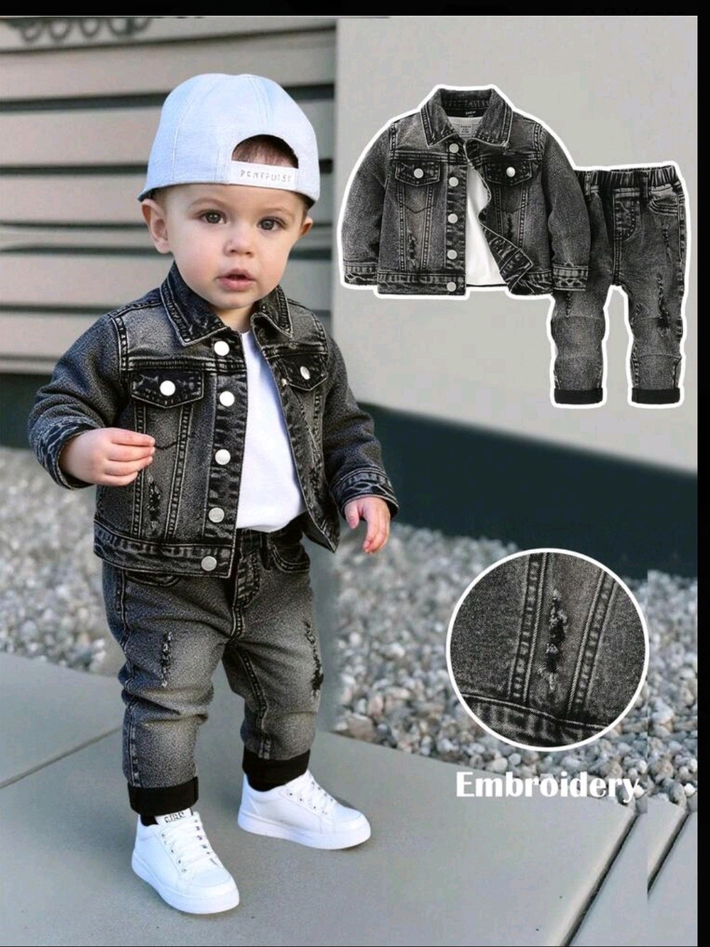 Kids Black Washed Denim Jacket and Jogger Set